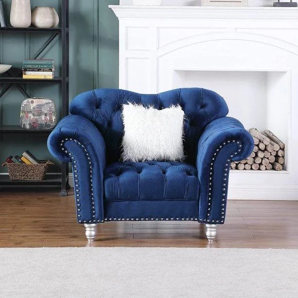 Velvet Living Room Chair Luxury Chesterfield Tufted Camel Back Armchair, Blue