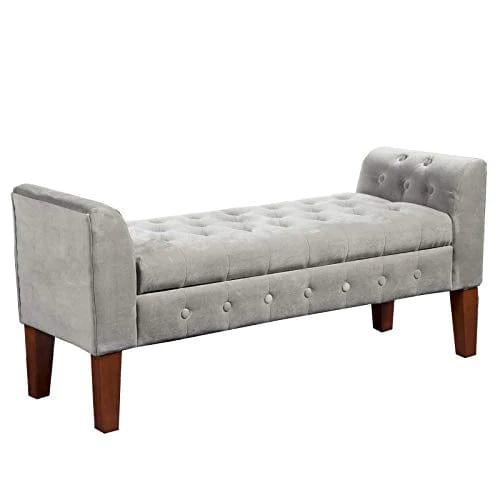 Velvet Upholstered Button Tufted Wooden Bench Settee with Hinged Storage, Gray and Brown