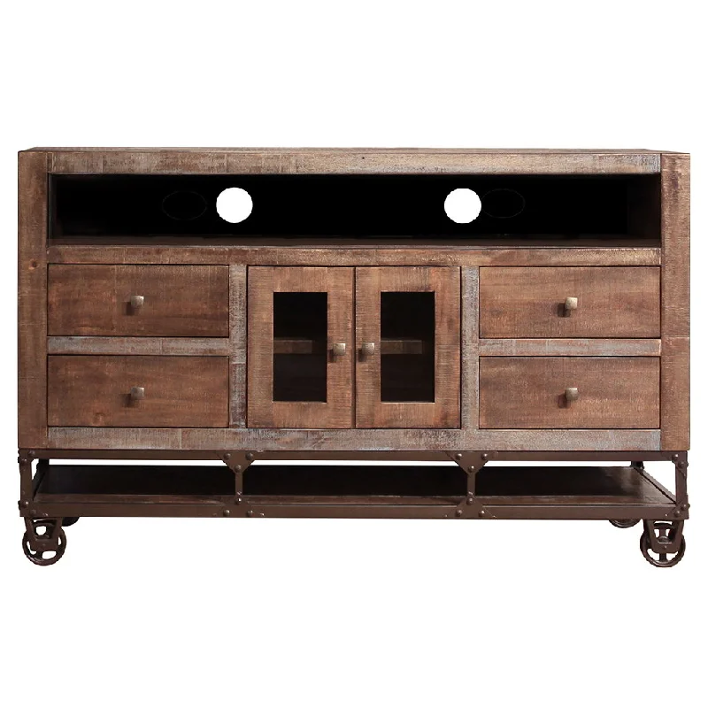 Cabinet Enclosed Storage Distressed, TV Stand - Brown