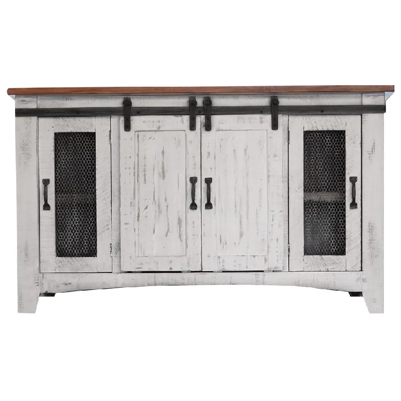 Cabinet Enclosed Storage Distressed TV Stand - White