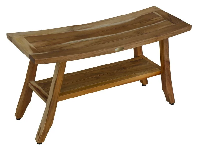 Compact Curvilinear, Teak Shower Outdoor Bench With Shelf - Natural