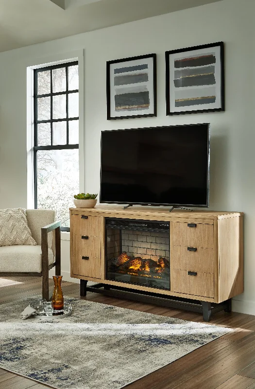 Freslowe - Light Brown / Black - TV Stand With Electric Infrared Fireplace Insert