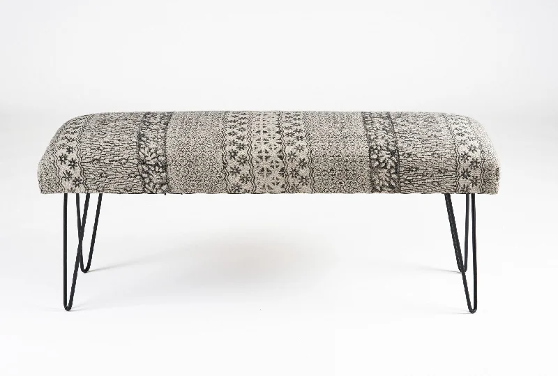 Leg Abstract Floral Upholstered Bench - Charcoal Gray / White Black