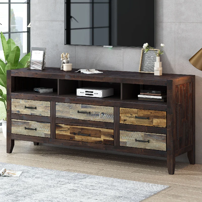 Retro Distressed Wooden TV Stand For TVs Up To 65", Entertainment Center Media Console With 6 Drawers And 3 Shelves For Living Room