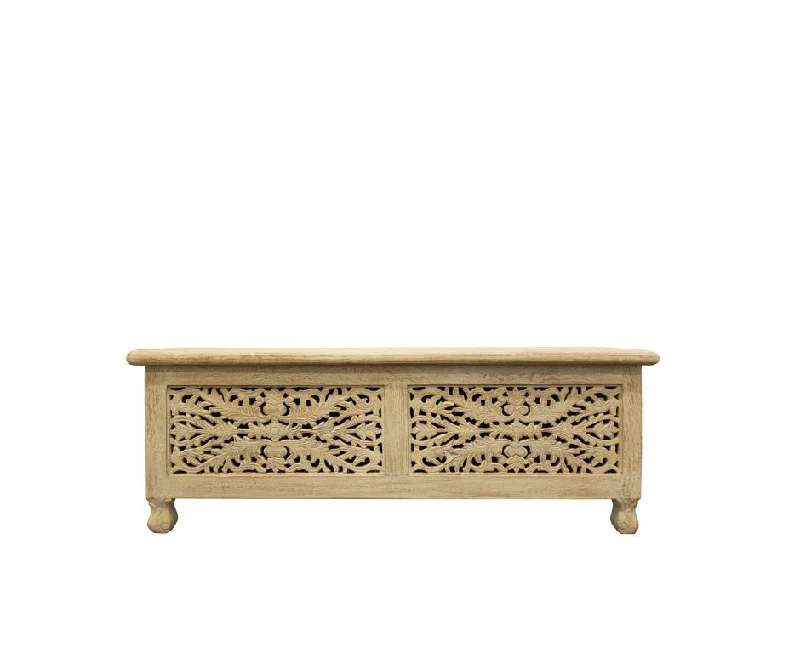 Solid Carved Wood Scroll Bench With Flip Top - Antique White