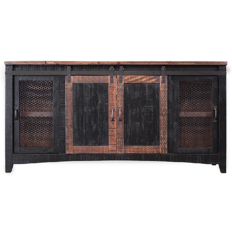 Solid Wood Cabinet Enclosed Storage Distressed, TV Stand - Black