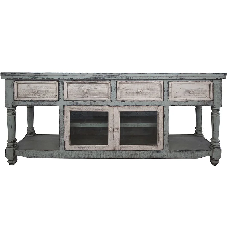 Solid Wood Open Shelving Distressed TV Stand - Blue / White