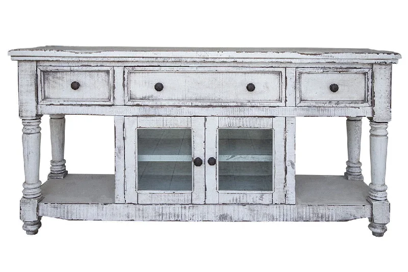 Solid Wood Open Shelving Distressed TV Stand - White