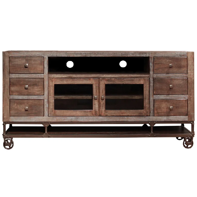 Solid Wooden Cabinet Enclosed Storage, Distressed TV Stand - Brown