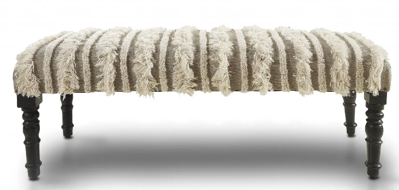 Textural Boho Stripe Black Leg Upholstered Bench - Cream