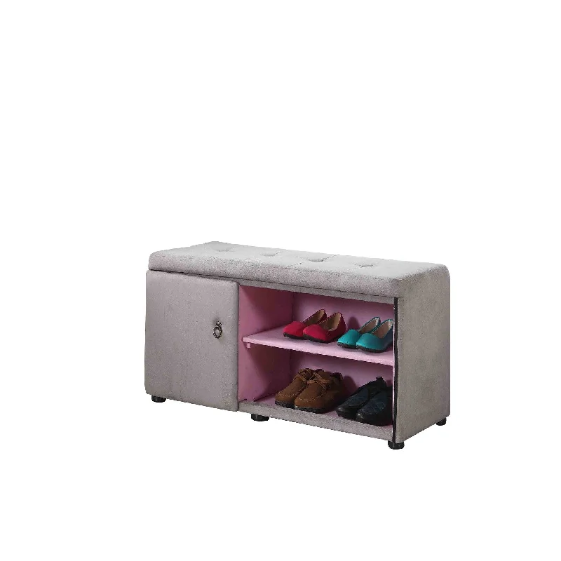 Tufted Shoe Storage Bench - Light Gray / Pink