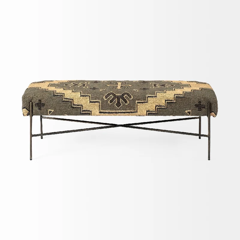 Upholstered Cotton Blend Abstract Bench - Green / Brown / Black