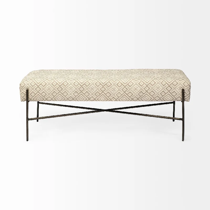 Upholstered Cotton Blend Geometric Bench - Cream / Black