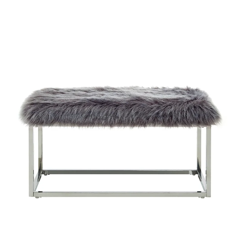 Upholstered Faux Fur Bench - Gray / Silver