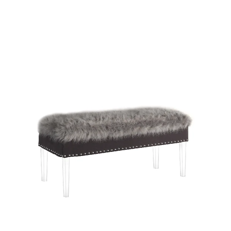 Upholstered Faux Fur Bench With Flip Top - Gray / Clear