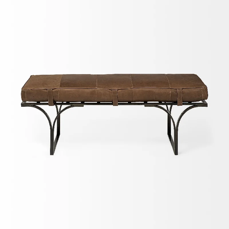 Upholstered Genuine Leather Bench - Brown / Black