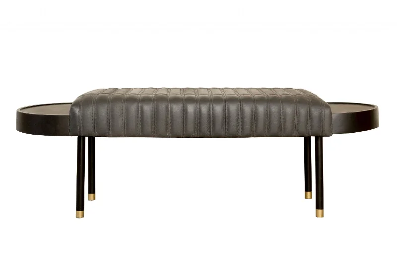 Upholstered Genuine Leather Bench - Dark Gray / Black