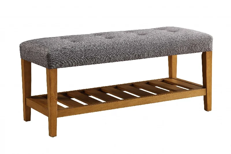 Upholstered Linen Blend Bench With Shelves - Gray / Brown