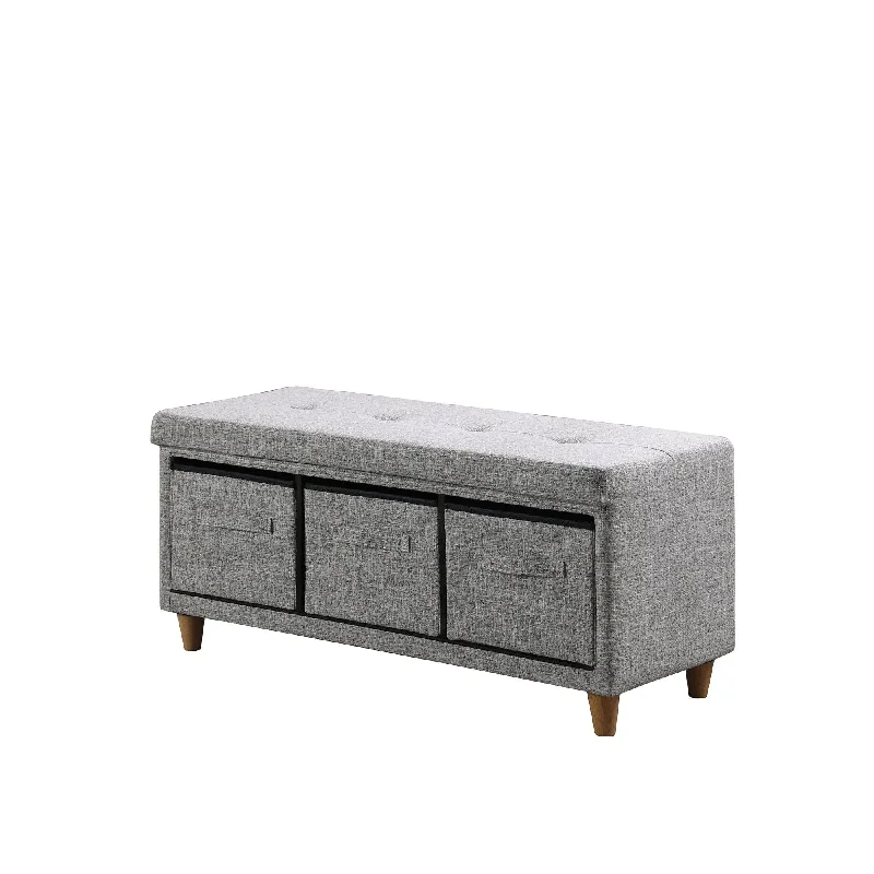 Upholstered Polyester Bench With Drawers - Gray / Brown