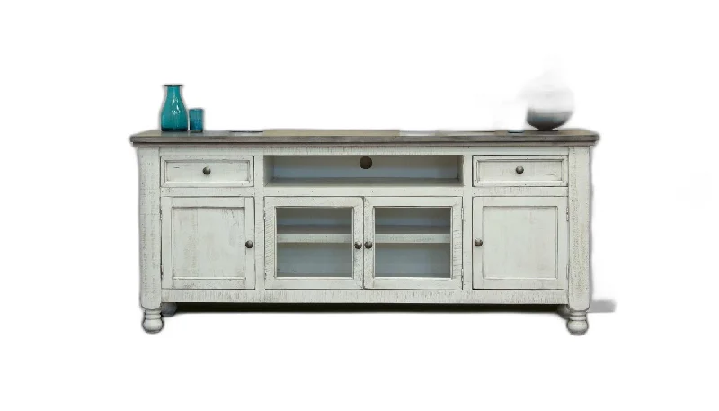 Wood Open Shelving Distressed TV Stand - Ivory