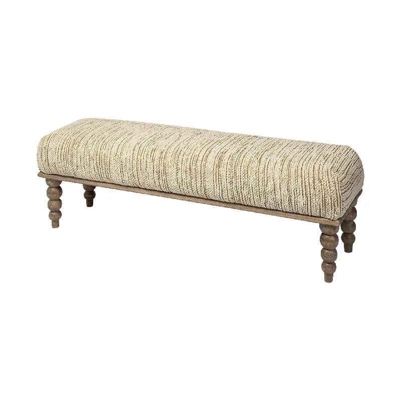 Wood Upholstered Polyester Blend Bench - Cream / Brown